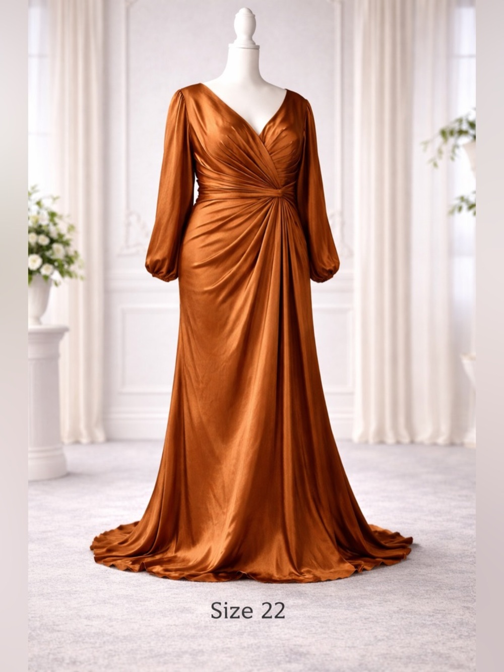 Rust Satin V-Neck Long Sleeve Evening Gown